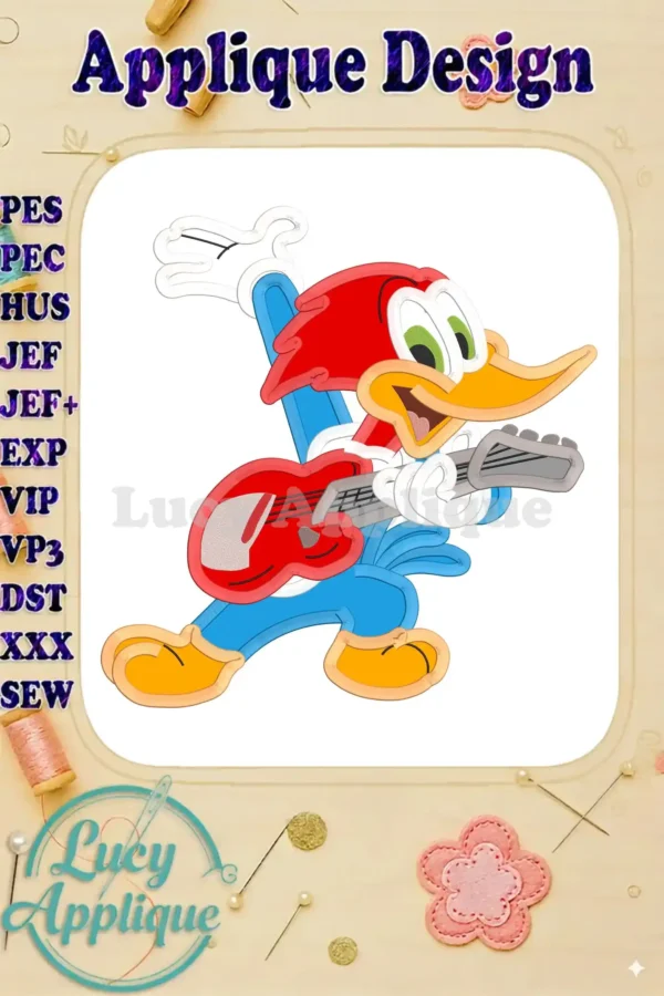 Main image showcasing a vibrant, playful Woody Woodpecker applique design, ready to be stitched. Multiple file formats are listed for various embroidery machines.