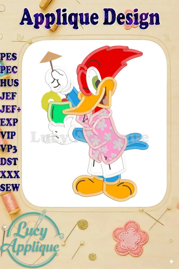 Main image showcasing a vibrant Woody Woodpecker applique design, ready to be stitched. The design includes the character in a Hawaiian shirt holding a tropical drink.