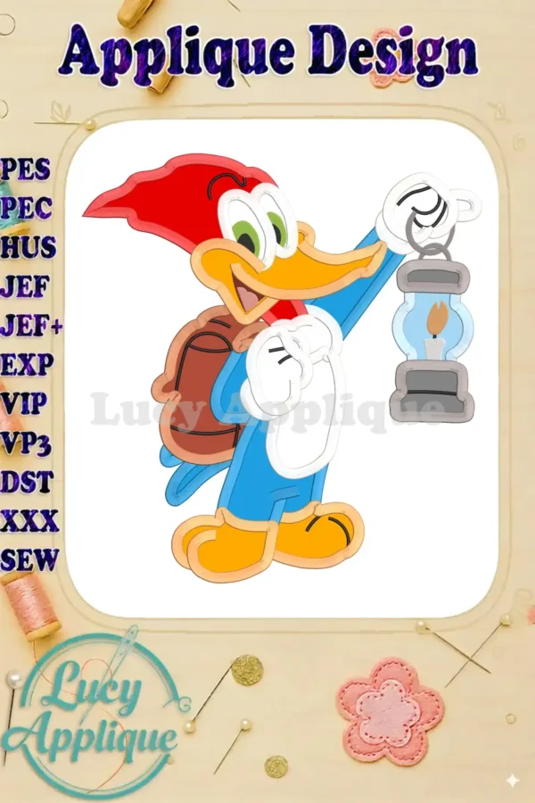 Embroidery design of Woody Woodpecker carrying a lantern. Applique design in PES, HUS, JEF, JEF