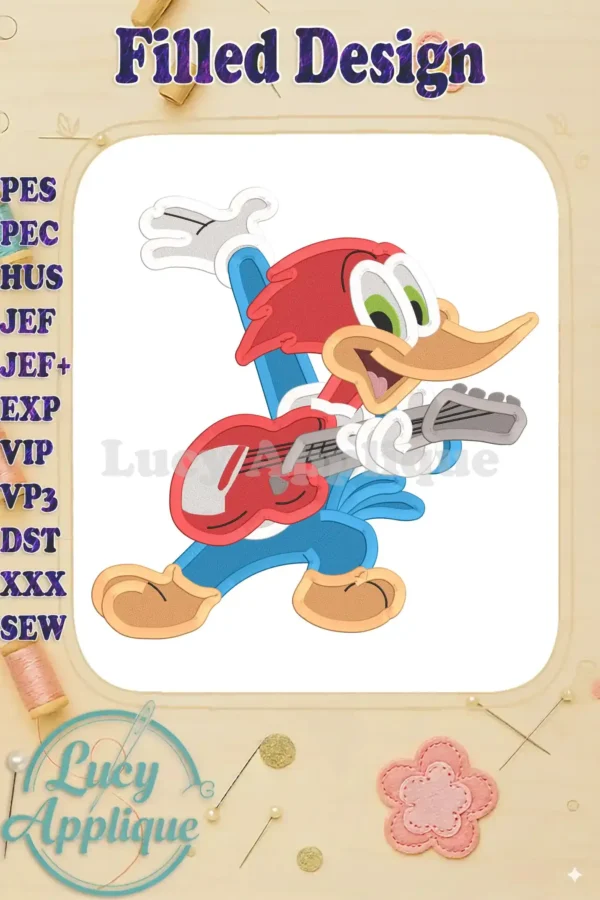 A vibrant, filled embroidery design of Woody Woodpecker playing a guitar. This cheerful character is rendered in a detailed style, perfect for adding a cartoon touch to various projects.