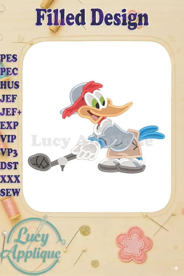 Embroidery design of Woody Woodpecker playing golf, filled stitch style. Features bright colors and a playful pose. Perfect for adding to apparel or home decor.