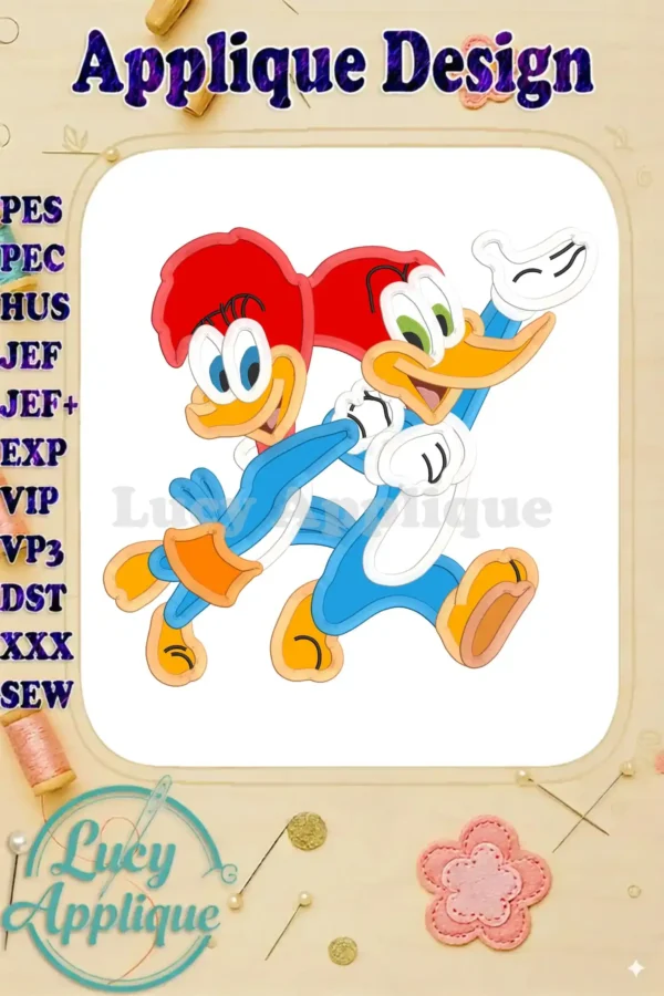 Embroidery design featuring Woody and Winnie Woodpecker in an applique style. Perfect for adding a playful touch to your projects!