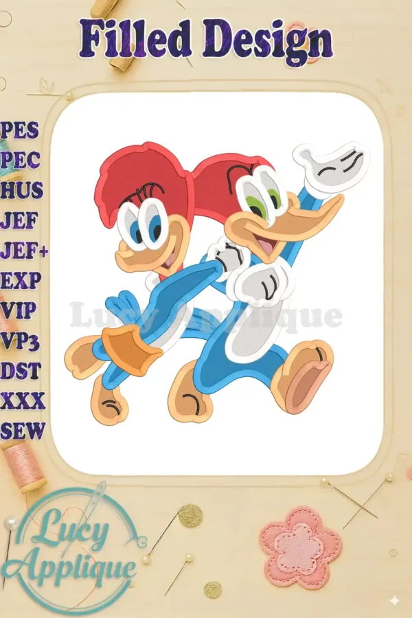 Main image showcasing a filled embroidery design of Woody and Winnie Woodpecker, ready to be stitched. The design is vibrant and features the cartoon characters in an action pose.