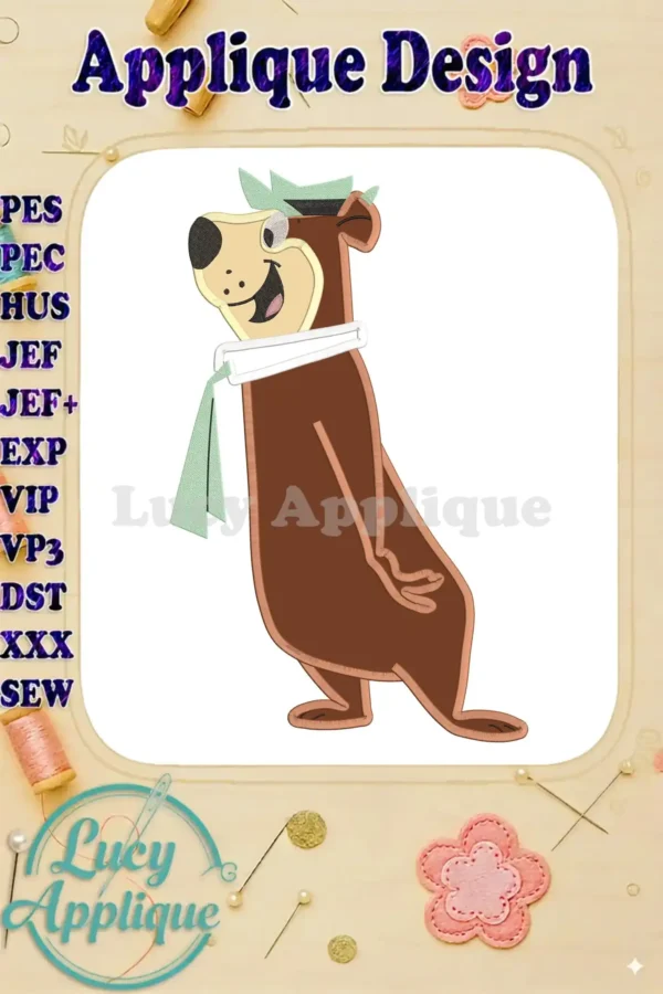 Yogi Bear applique embroidery design in brown and teal, shown on a white background. Includes various machine embroidery file formats.