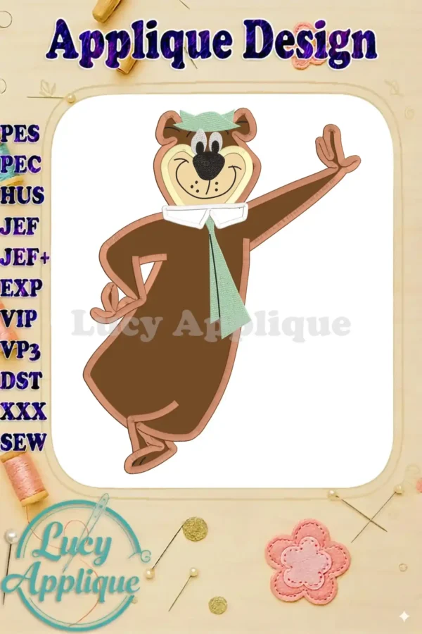 Yogi Bear applique embroidery design in brown and green, shown in a digital preview with various file formats listed. Perfect for adding a fun, cartoonish touch to your projects.