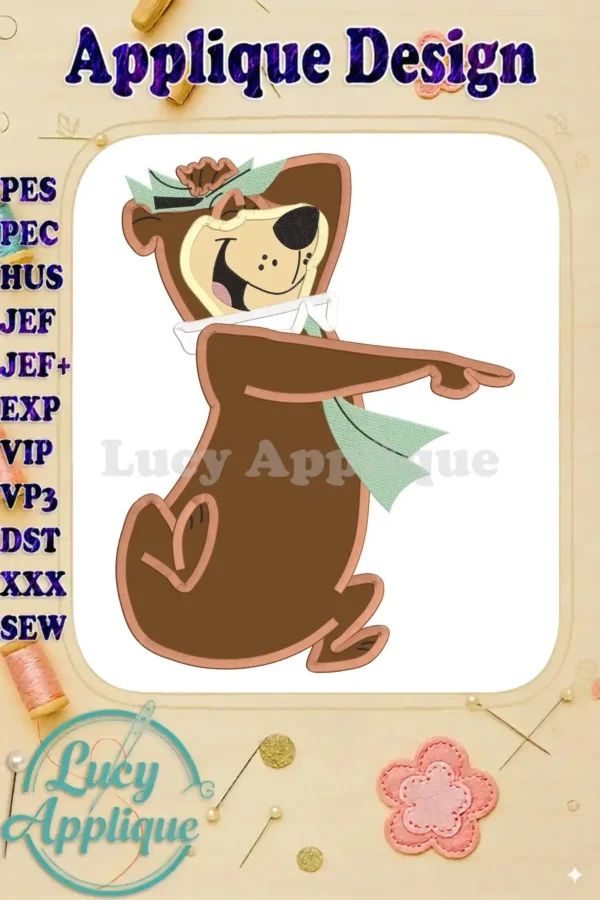 Yogi Bear applique design in brown and teal, shown in a digital preview on a beige background with embellishments. Various embroidery file formats are listed.