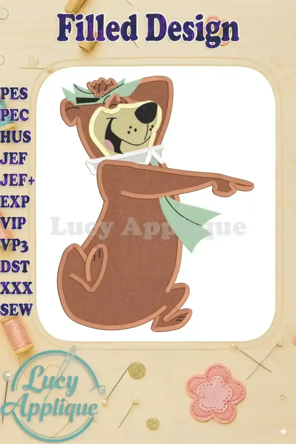 Yogi Bear filled embroidery design, showcasing the cartoon character in his iconic pose, ready to be stitched. Includes various file formats.