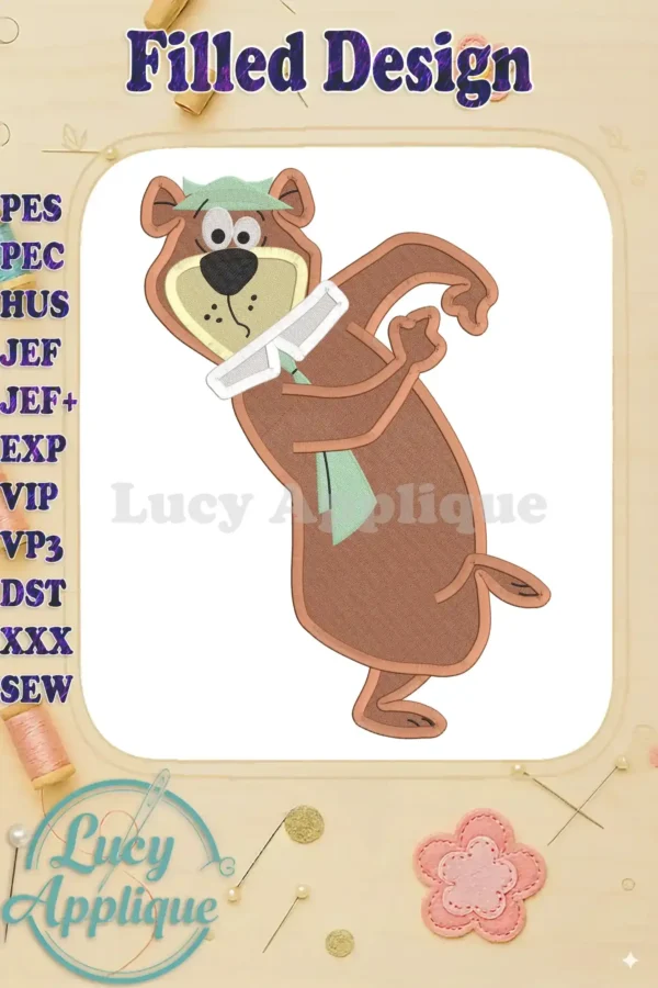 Yogi Bear fill embroidery design in brown and beige, showcasing the character's signature pose and attire. Perfect for adding a playful touch to your projects.