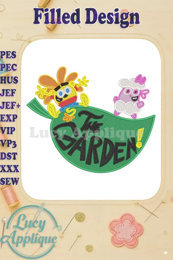 A vibrant fill embroidery design featuring the beloved cartoon characters Wubbzy and Daizy on a green leaf with 'THE GARDEN!' text.