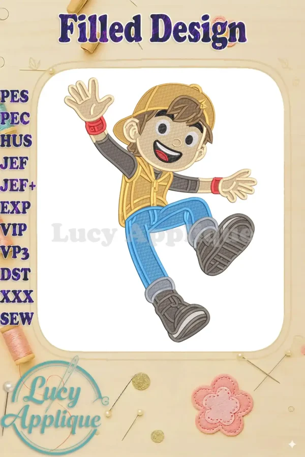 BoBoiBoy in a dynamic jumping pose, featuring vibrant fill embroidery. Perfect for fan apparel and accessories.