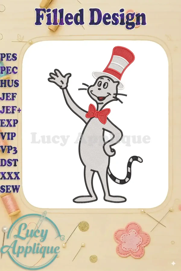 The iconic Cat in the Hat character, waving cheerfully, rendered as a detailed fill embroidery design.