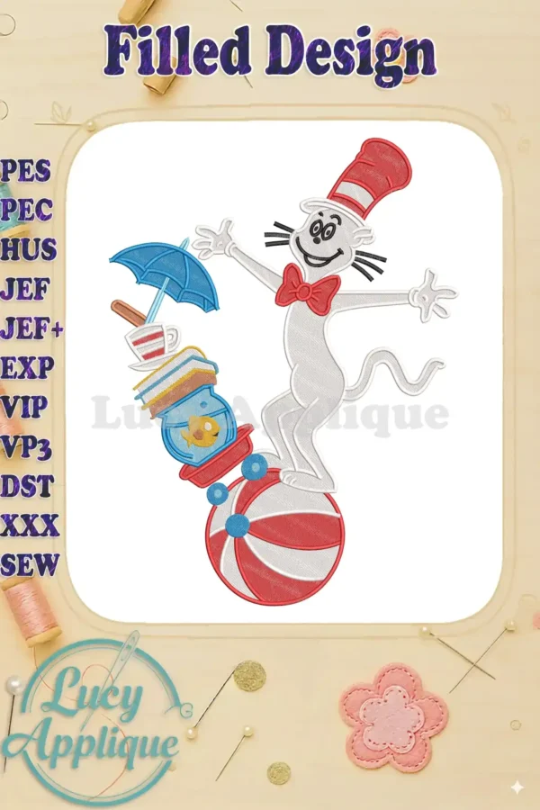 The Cat in the Hat fill embroidery design, balancing an umbrella, teacup, books, and a fishbowl on a ball.