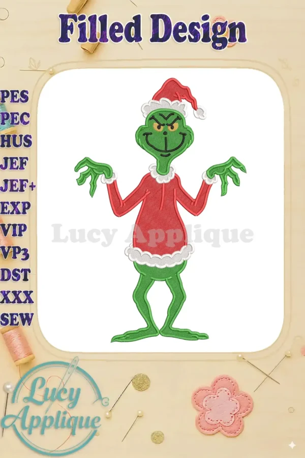 Vibrant Grinch fill embroidery design in a Santa suit, featuring rich green, red, and white stitches with a mischievous expression.