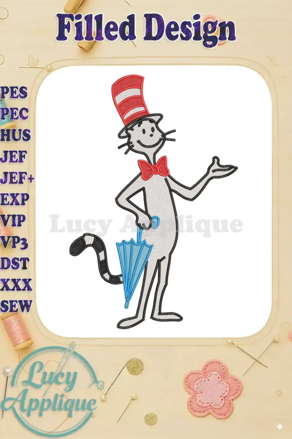 The iconic Cat in the Hat, from Dr. Seuss, standing with a blue umbrella, showcasing a vibrant fill embroidery design.