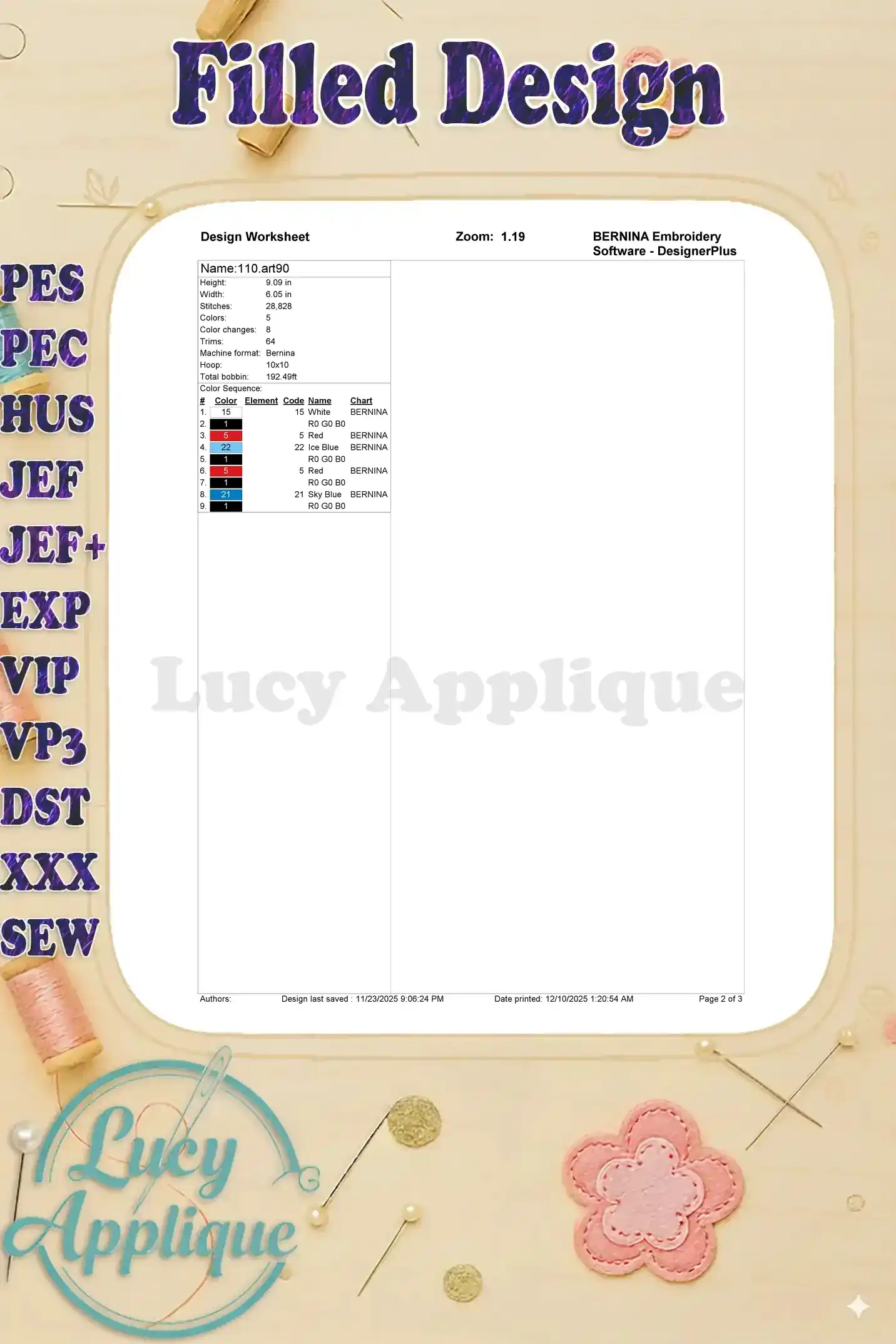 Detailed embroidery design worksheet for The Cat in the Hat, showing stitch count, dimensions, and thread colors.