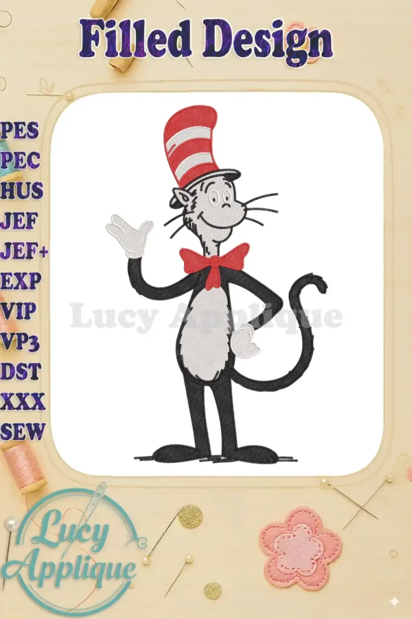 A detailed fill embroidery design of Dr. Seuss's Cat in the Hat, standing with a welcoming wave, featuring crisp black, white, and red stitching.