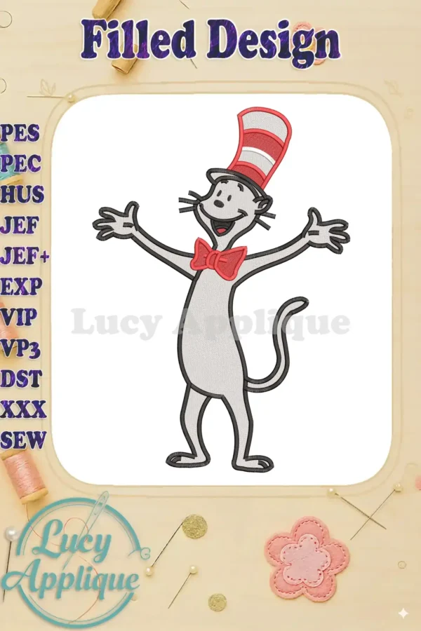A vibrant fill embroidery design of the Cat in the Hat, standing with arms wide, wearing his iconic striped hat and red bow tie.
