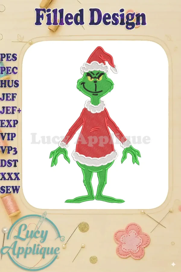 Full-body Grinch fill embroidery design, vibrant green with red Santa suit and hat, detailed for holiday projects.