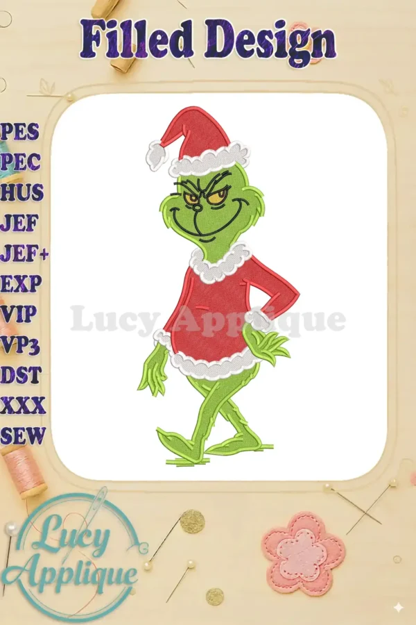 A vibrant fill embroidery design of the mischievous Grinch in a Santa outfit, ready to add holiday cheer.