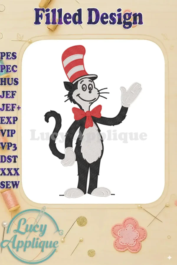 A detailed fill embroidery design of the Cat in the Hat, standing and waving, featuring vibrant red, black, and white colors.