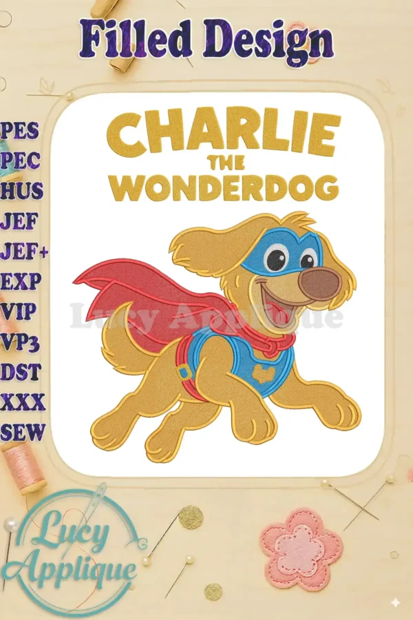 Charlie the Wonderdog, a cheerful golden retriever superhero, in a vibrant fill embroidery design with a red cape and blue mask.