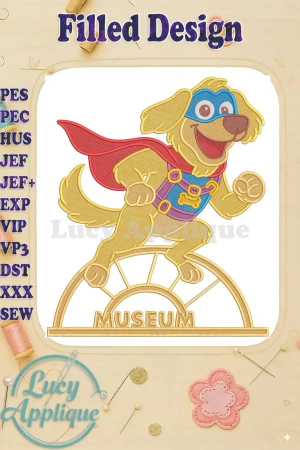 Vibrant fill embroidery design of Charlie the Wonderdog, a superhero dog, running atop a 'MUSEUM' arch.