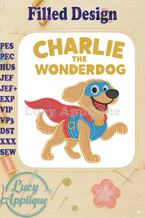 Charlie the Wonderdog, a charming superhero dog embroidery design, with a red cape, blue mask, and harness, featuring vibrant fill stitches.