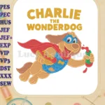 Charlie the Wonderdog Superhero Flying with Hotdog Fill Embroidery Designs - Instant Download