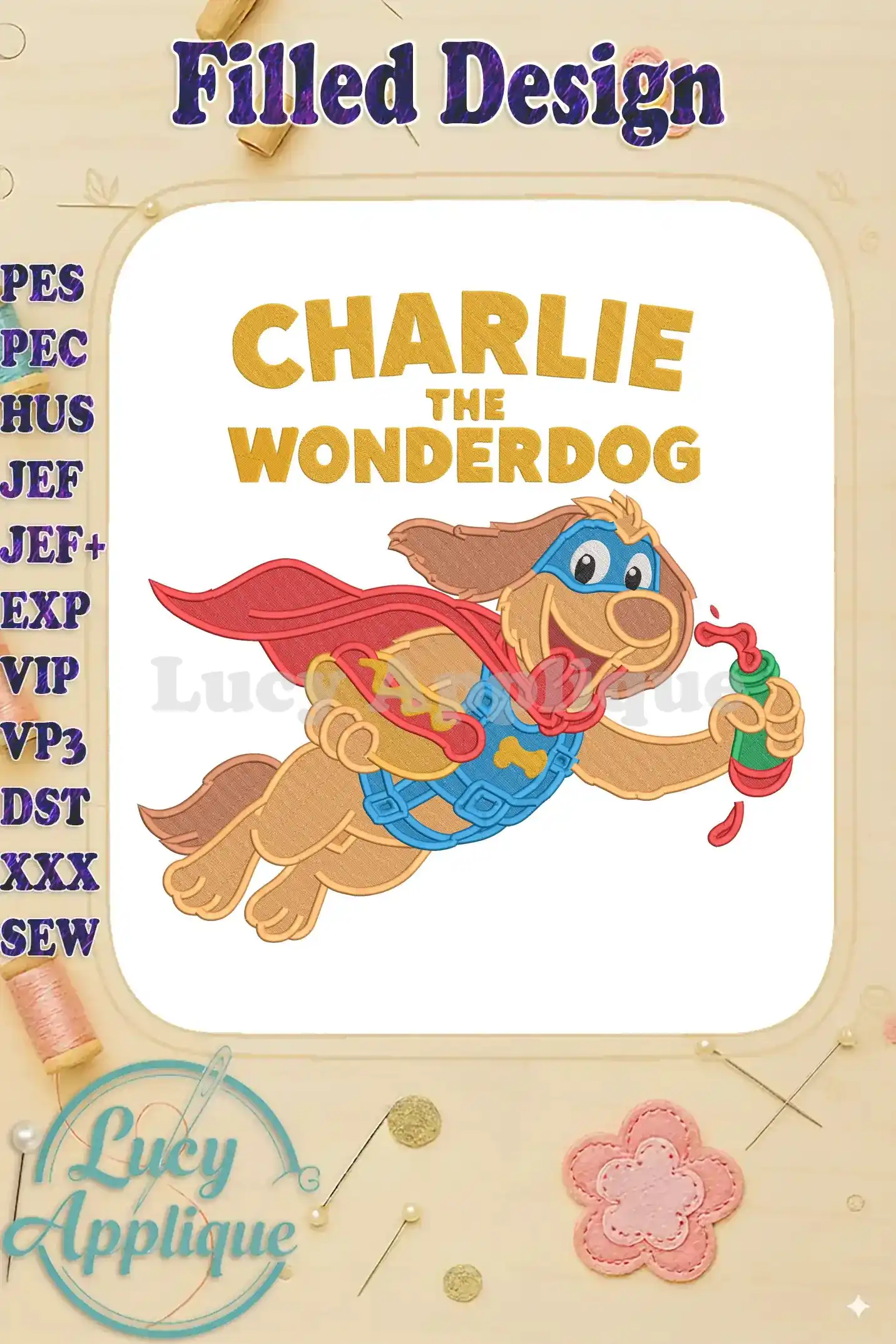 Charlie the Wonderdog flying hero, cape, mask, hotdog. Vibrant fill embroidery with his name above for a playful touch.