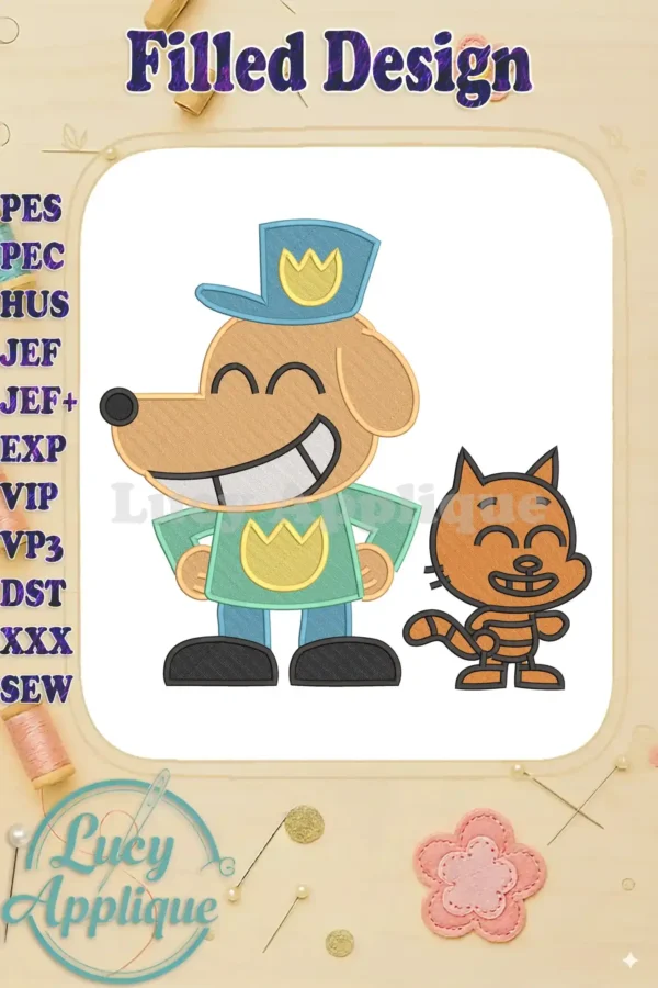 A colorful fill embroidery design of Dog Man and Li'l Petey, showcasing their iconic happy expressions and outfits.