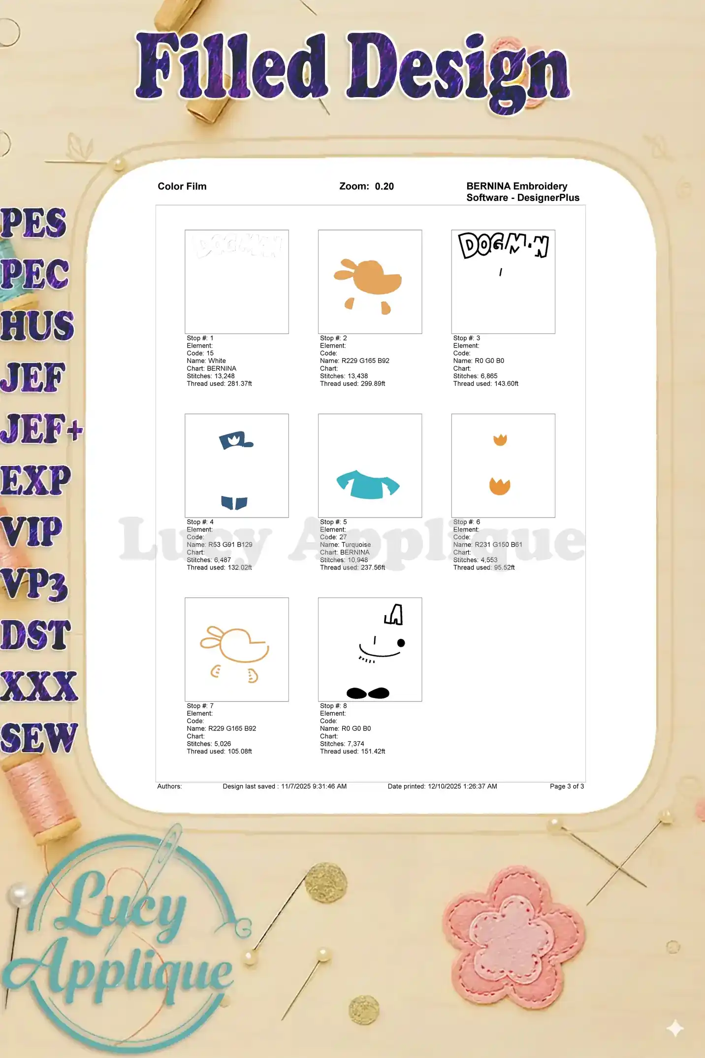 The color film breakdown of the Dog Man fill embroidery, illustrating each individual stitching step and element.