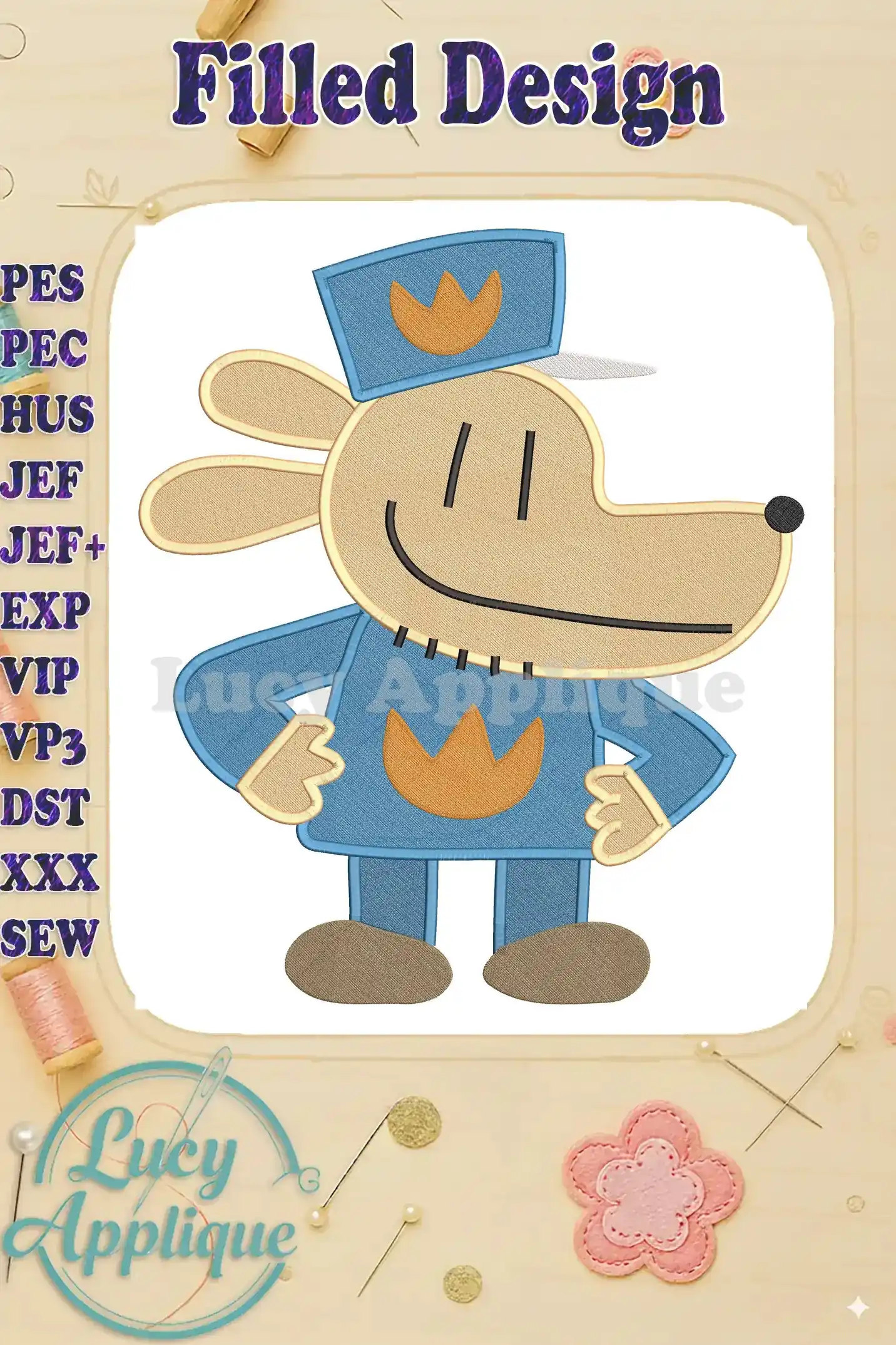 Full-color Dog Man fill embroidery design, featuring the heroic character in his blue police uniform and cap.