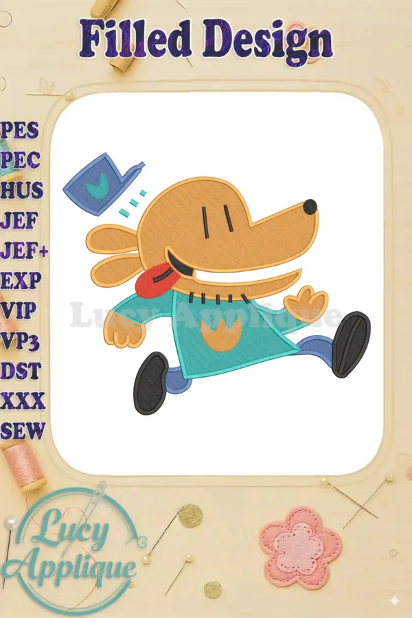 A vibrant fill embroidery of Dog Man mid-run, tongue out, wearing his teal uniform with an orange symbol.