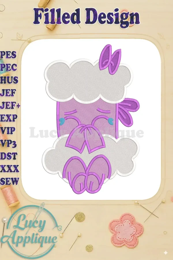 A vibrant fill embroidery design featuring a purple, tearful cartoon character with cloud-like elements and bows, from 'A Garden Cartoon Movie The Greatest Thing Ever!'