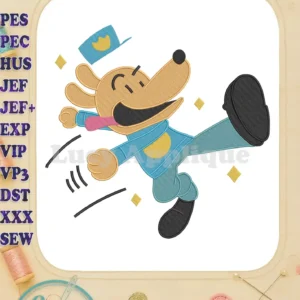Vibrant Dog Man fill embroidery design mid-action, wearing police uniform with tongue out and sparkles.