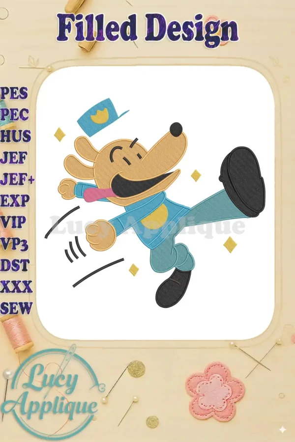 Vibrant Dog Man fill embroidery design mid-action, wearing police uniform with tongue out and sparkles.