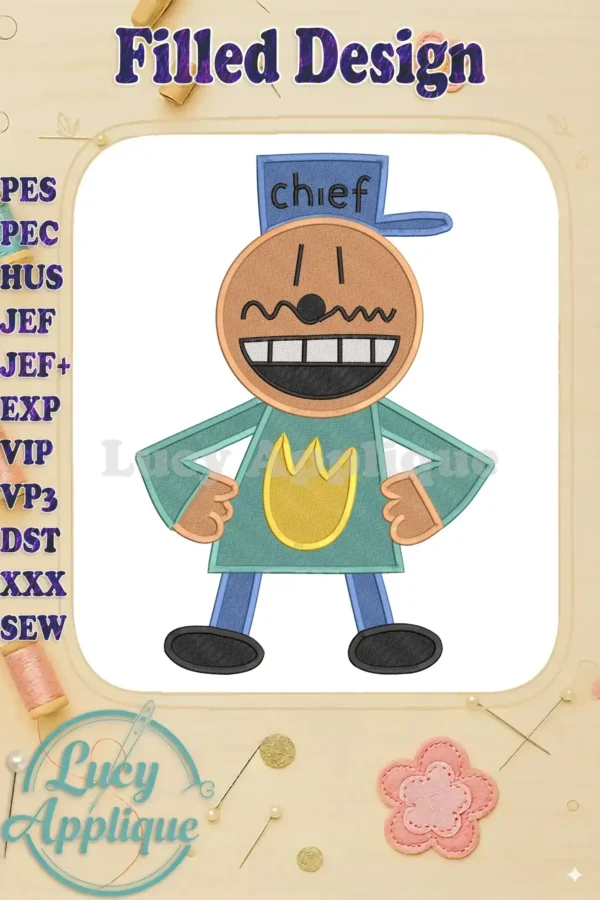 A colorful fill embroidery design of Chief from Dog Man, featuring his blue cap, teal shirt, and broad smile.