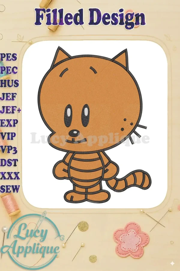 Vibrant fill embroidery design of Petey the Cat from Dog Man, featuring smooth orange stitching and bold outlines.