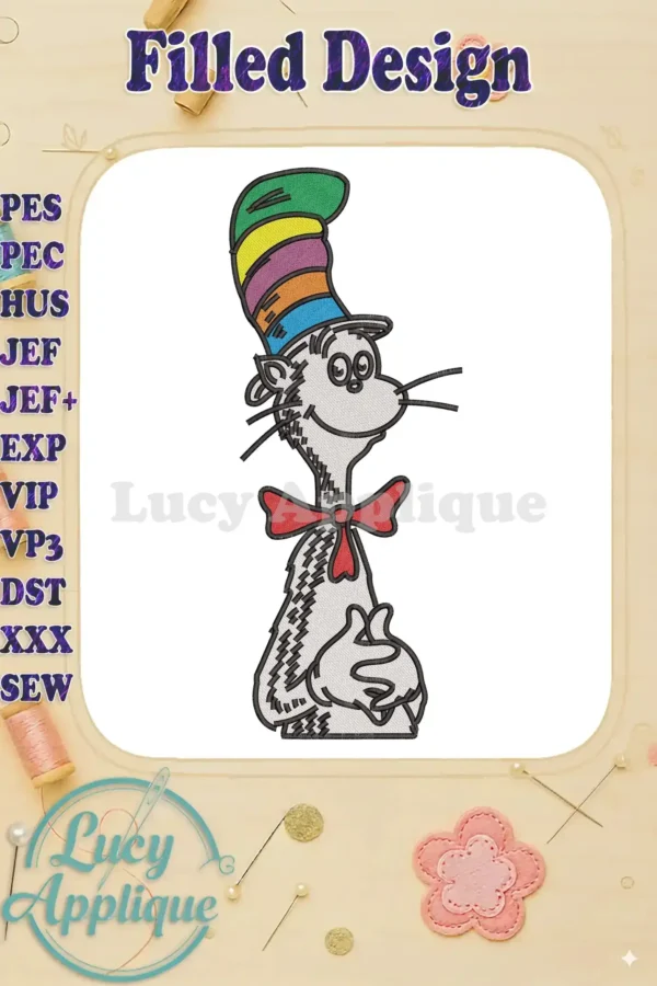 A vivid Cat in the Hat fill embroidery design, featuring his iconic striped hat, red bow tie, and mischievous smile.