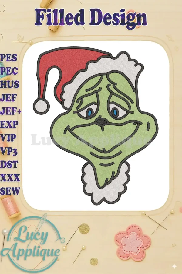 Close-up of the Grinch's mischievous face in a Santa hat, rendered with vibrant fill embroidery stitches for Dr. Seuss fans.