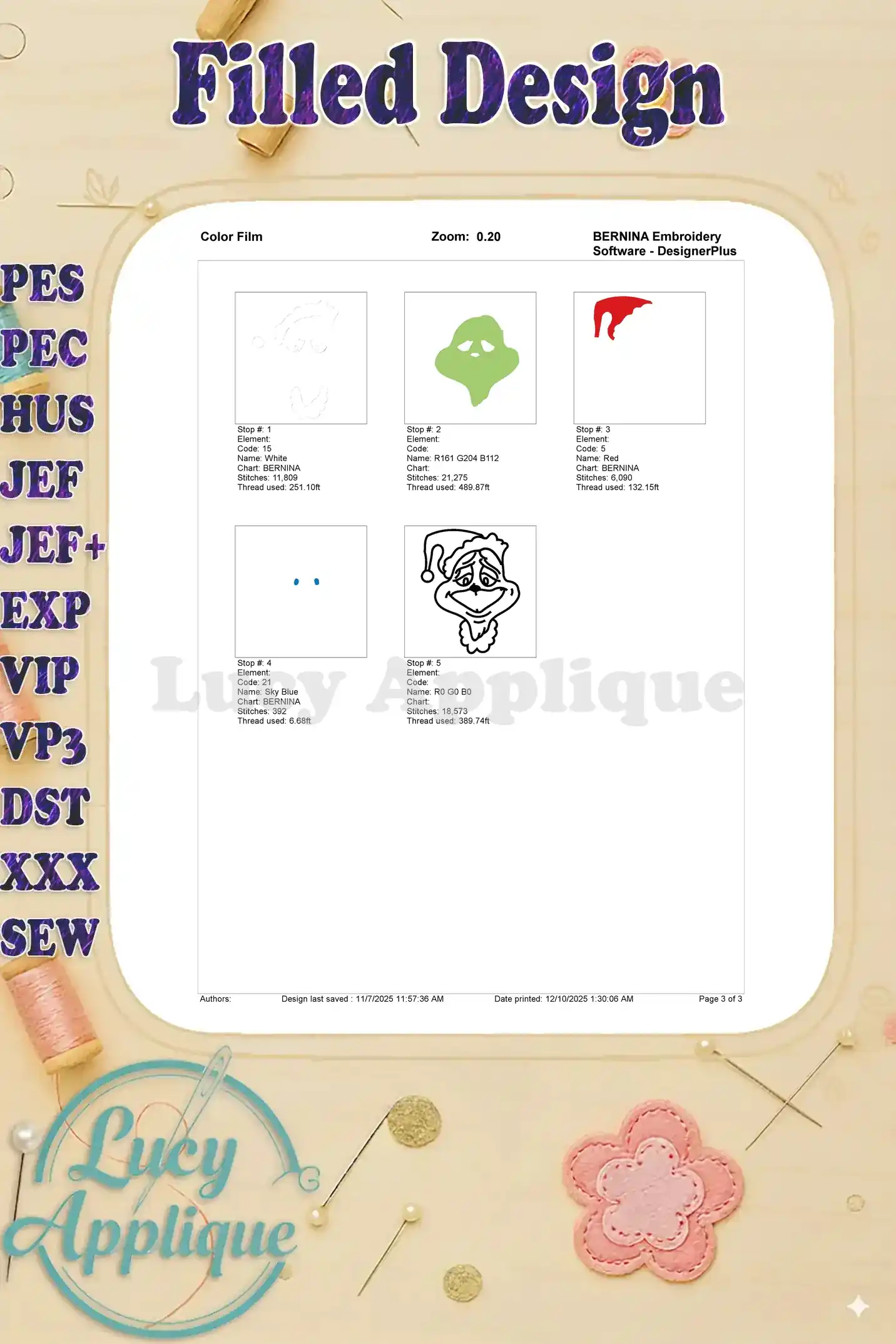 Color film breakdown of the Grinch embroidery design, illustrating the five-step stitching process by color application.