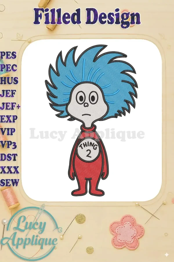 Vibrant Dr. Seuss "Thing 2" fill embroidery design on a white background, featuring blue hair and red suit.