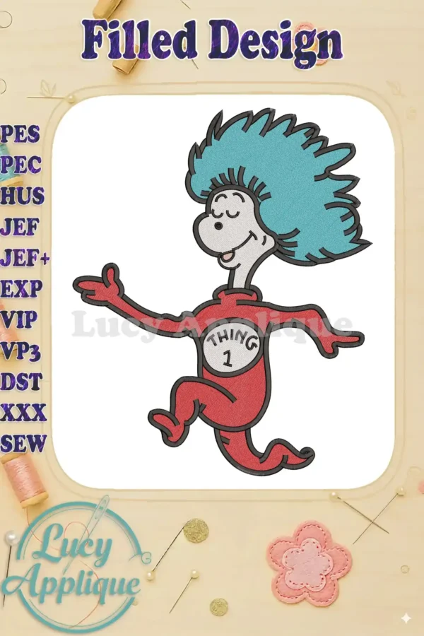 Dynamic Dr. Seuss Thing 1 fill embroidery design, featuring vibrant red suit, blue hair, and clear black outlines.