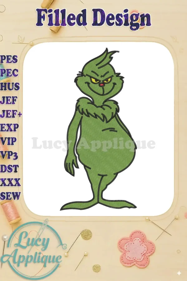 Full-body Grinch fill embroidery design, showcasing his iconic green fur, yellow eyes, and mischievous grin.