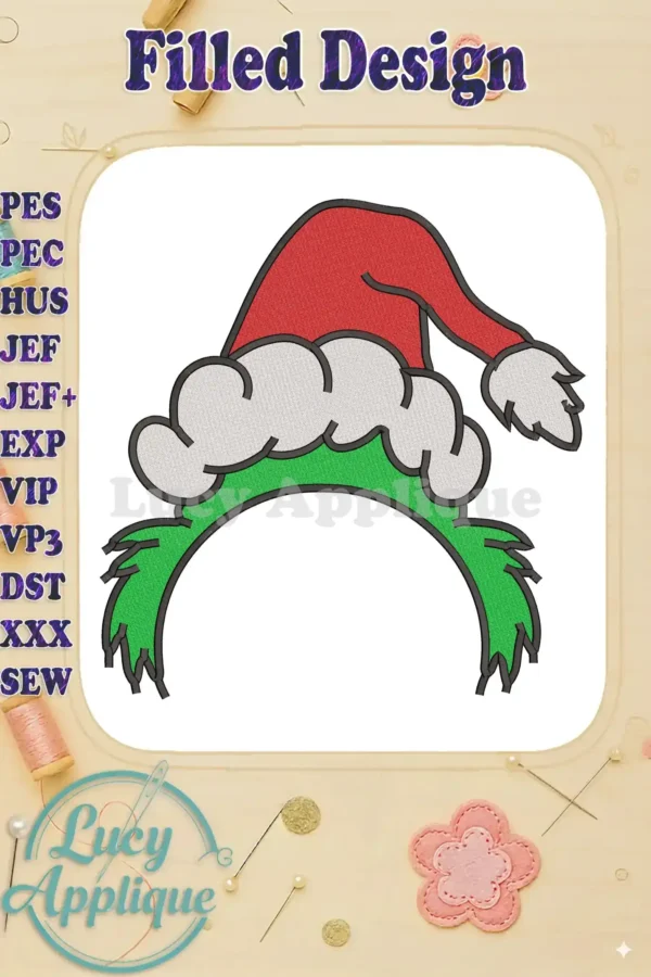 A festive Dr. Seuss Grinch headpiece fill embroidery design, featuring green fur, a red Santa hat, and a black outline.