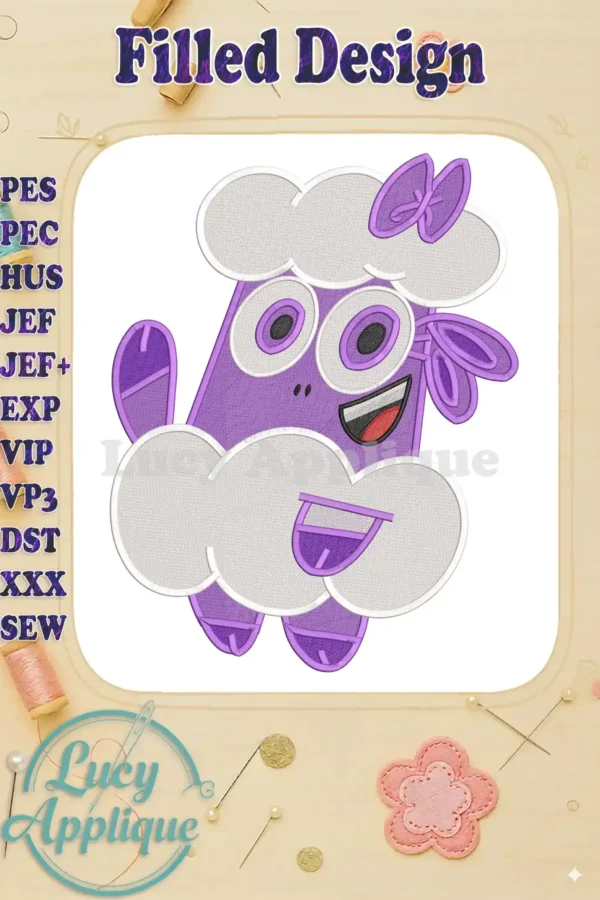 A vibrant purple and white cartoon character, resembling a sheep or cloud, with large eyes and a wide smile, in a detailed fill embroidery design.