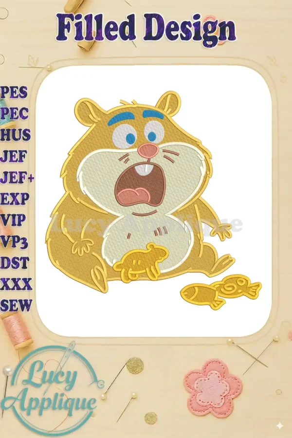 Detailed fill embroidery design of '20', a shocked hamster character reacting to animal crackers, on a white background.