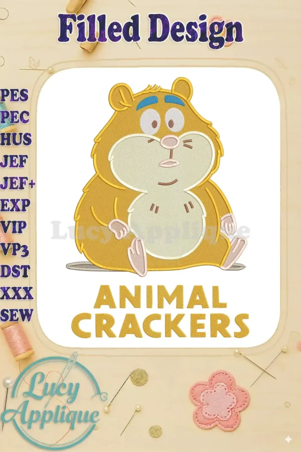 A plump, golden-brown hamster from the 'Animal Crackers' collection, rendered in vibrant fill embroidery stitches. It's sitting with a content expression, ready to adorn any fabric project beautifully.
