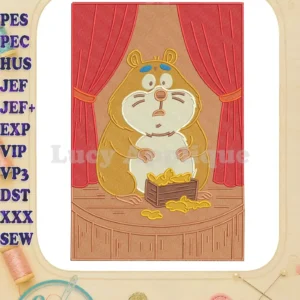 A detailed fill embroidery design of a worried, plump hamster on a stage with red curtains and spilled golden animal crackers.