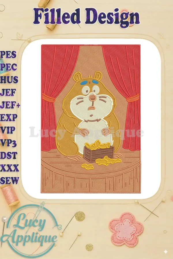 A detailed fill embroidery design of a worried, plump hamster on a stage with red curtains and spilled golden animal crackers.